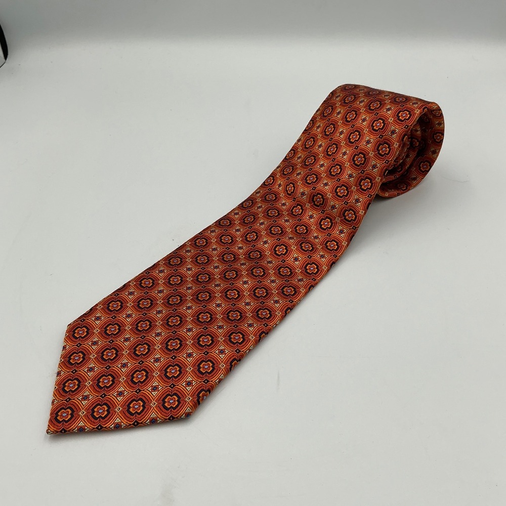 BRUNO PIATTELLI Mens Silk Tie Orange Geometric Pattern Handmade